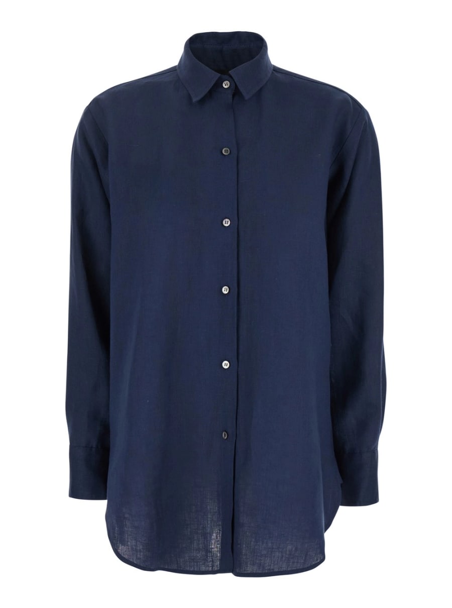 Leplain Camicia con Colletto Classico e Maniche Lunghe in Lino Blu Donna