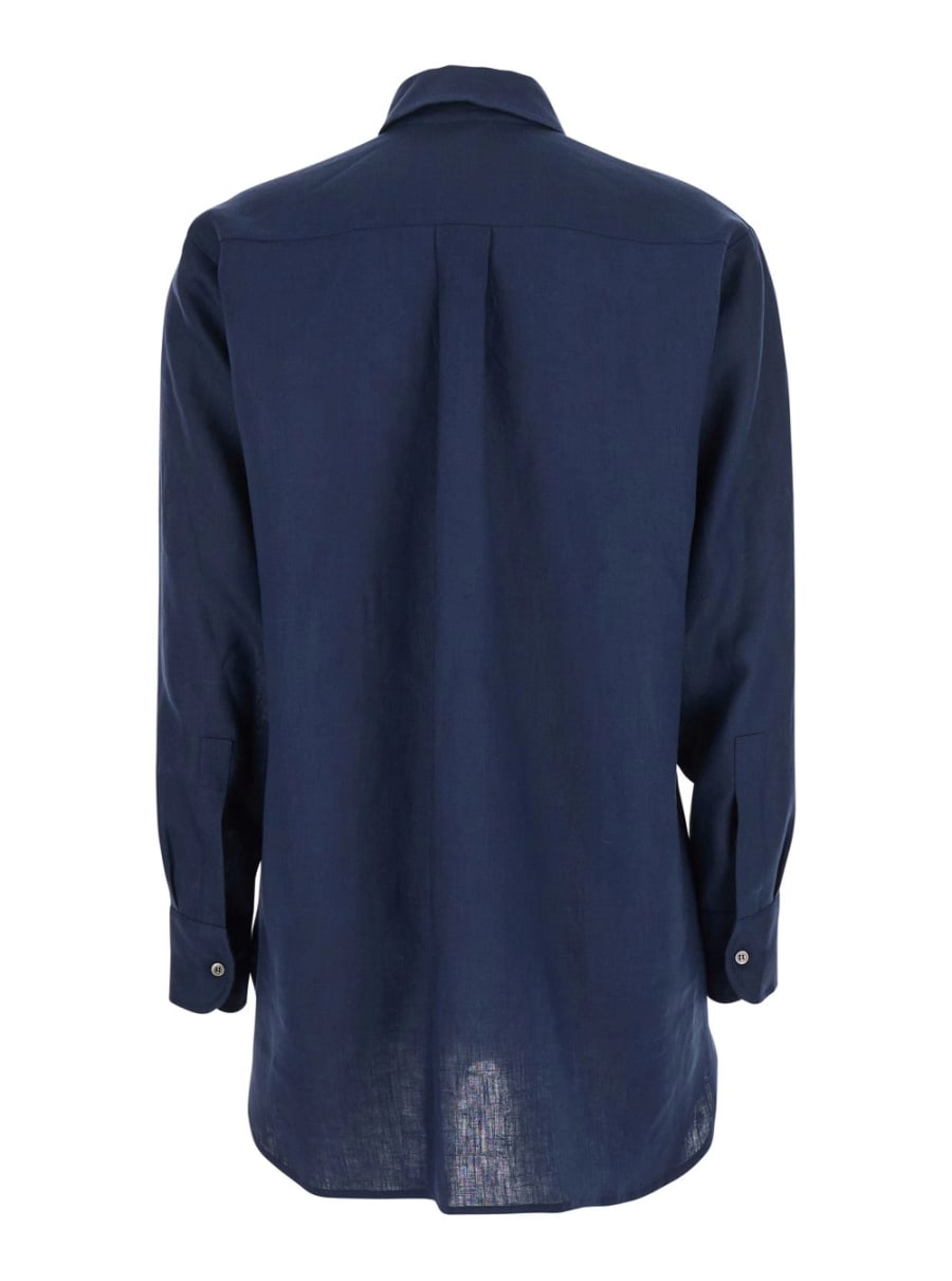 Leplain Camicia con Colletto Classico e Maniche Lunghe in Lino Blu Donna, view 2