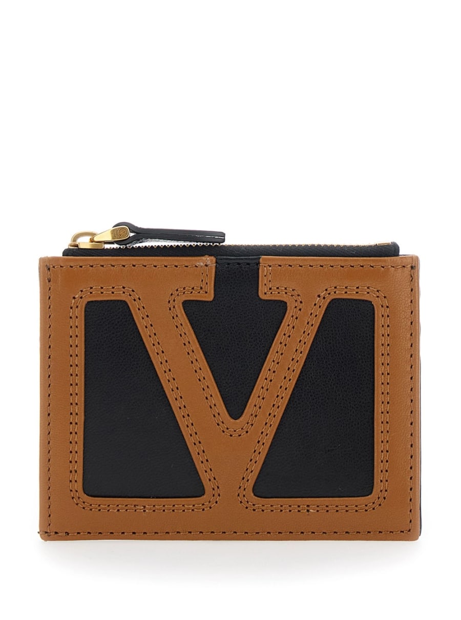 Valentino Garavani Portacarte con Maxi VLogo a Contrasto sul Fronte e Portamonete con Zip in Pelle Marrone Uomo