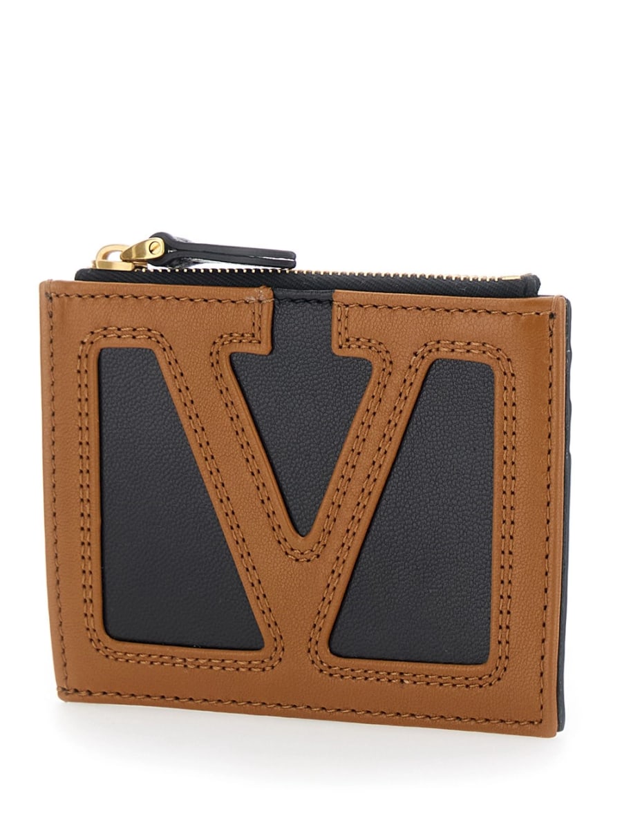 Valentino Garavani Portacarte con Maxi VLogo a Contrasto sul Fronte e Portamonete con Zip in Pelle Marrone Uomo, view 2