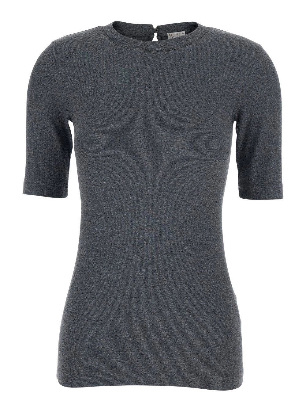 Brunello Cucinelli T-Shirt Grigia con Scollo Rotondo e Maniche a Tre Quarti in Cotone Donna