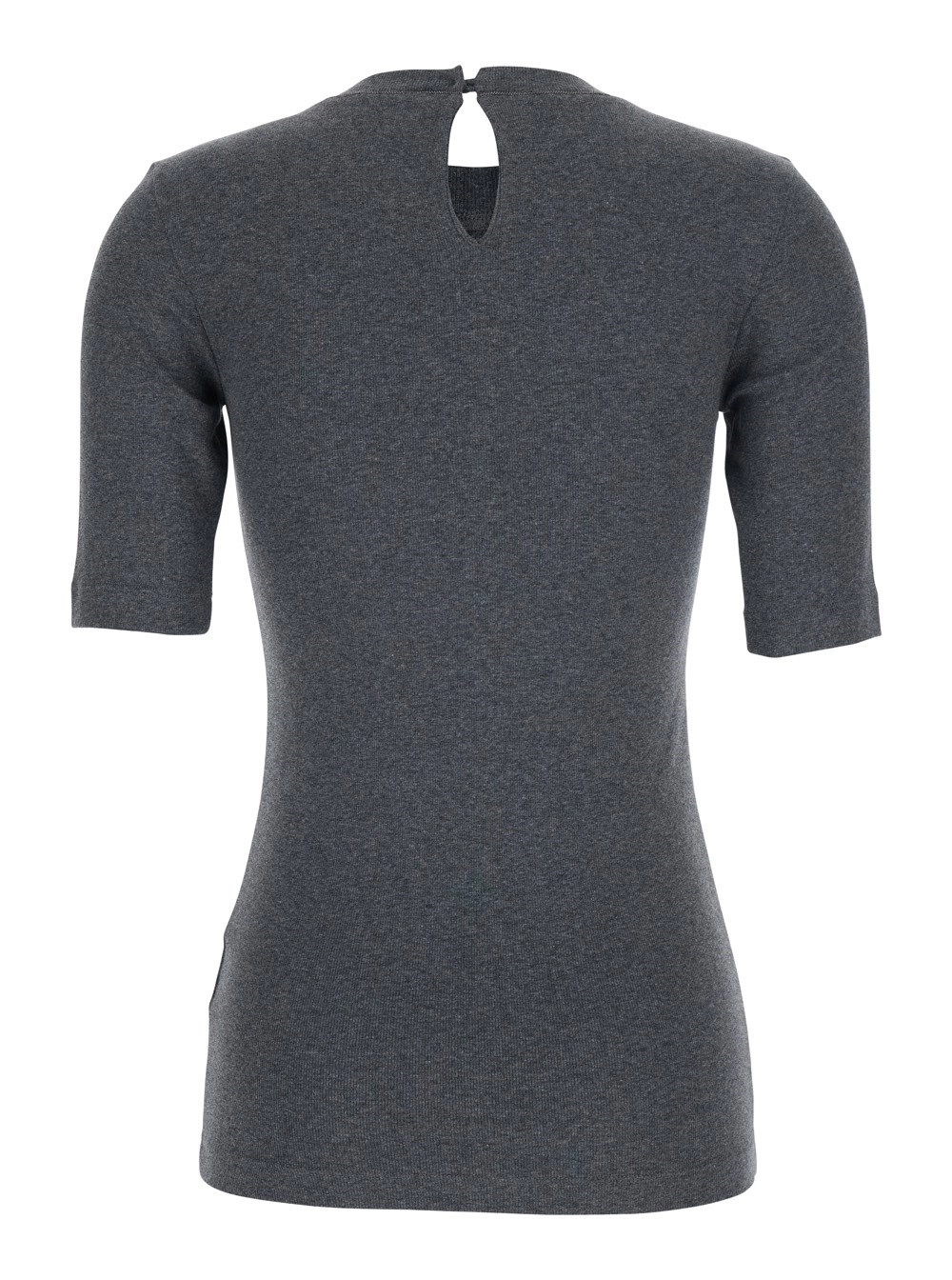 Brunello Cucinelli T-Shirt Grigia con Scollo Rotondo e Maniche a Tre Quarti in Cotone Donna, view 2