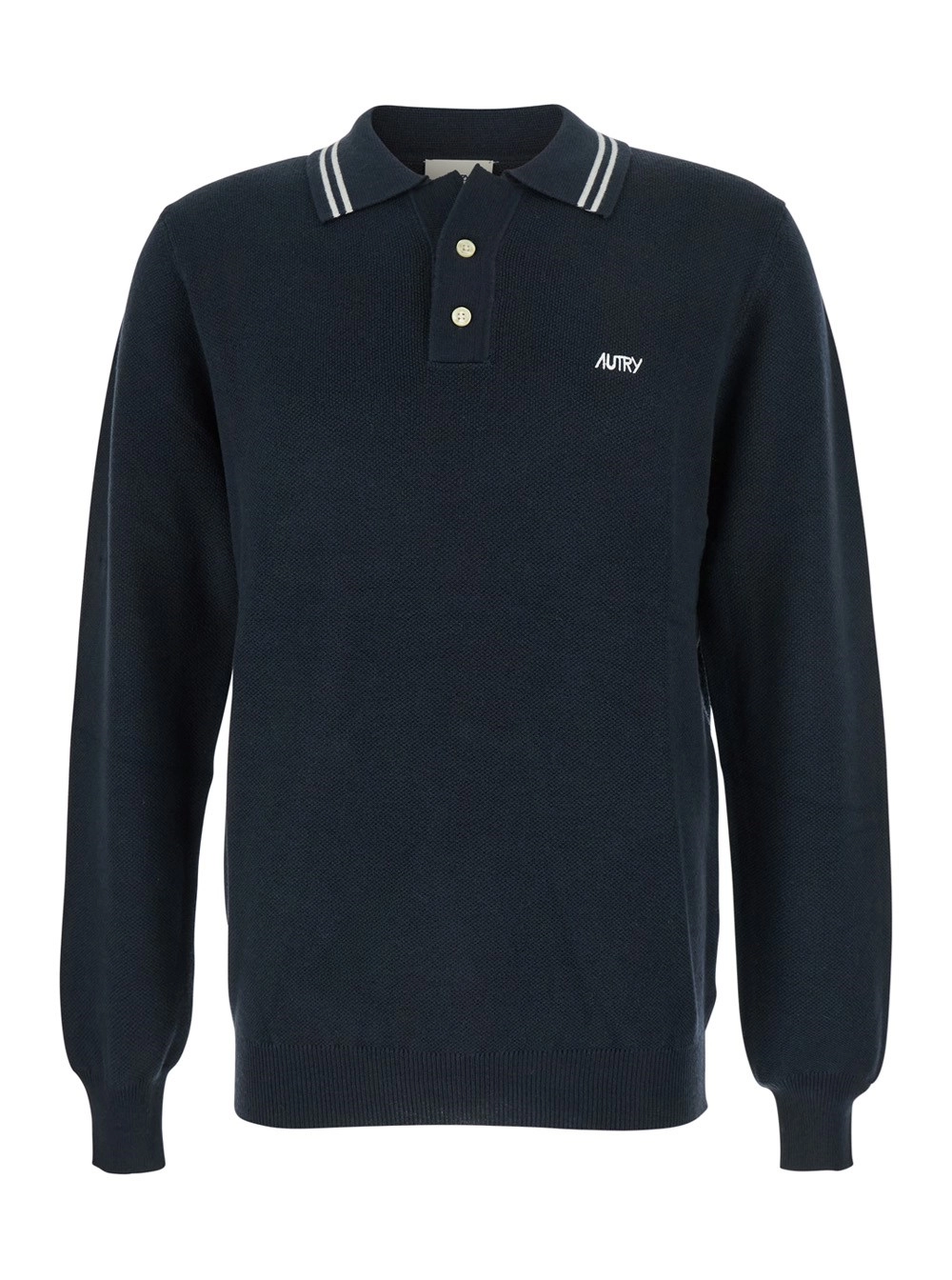 Autry Polo a Maniche Lunghe con Colletto a Righe e Ricamo Logo Lettering sul Fronte in Misto Lana e Cotone Blu Uomo