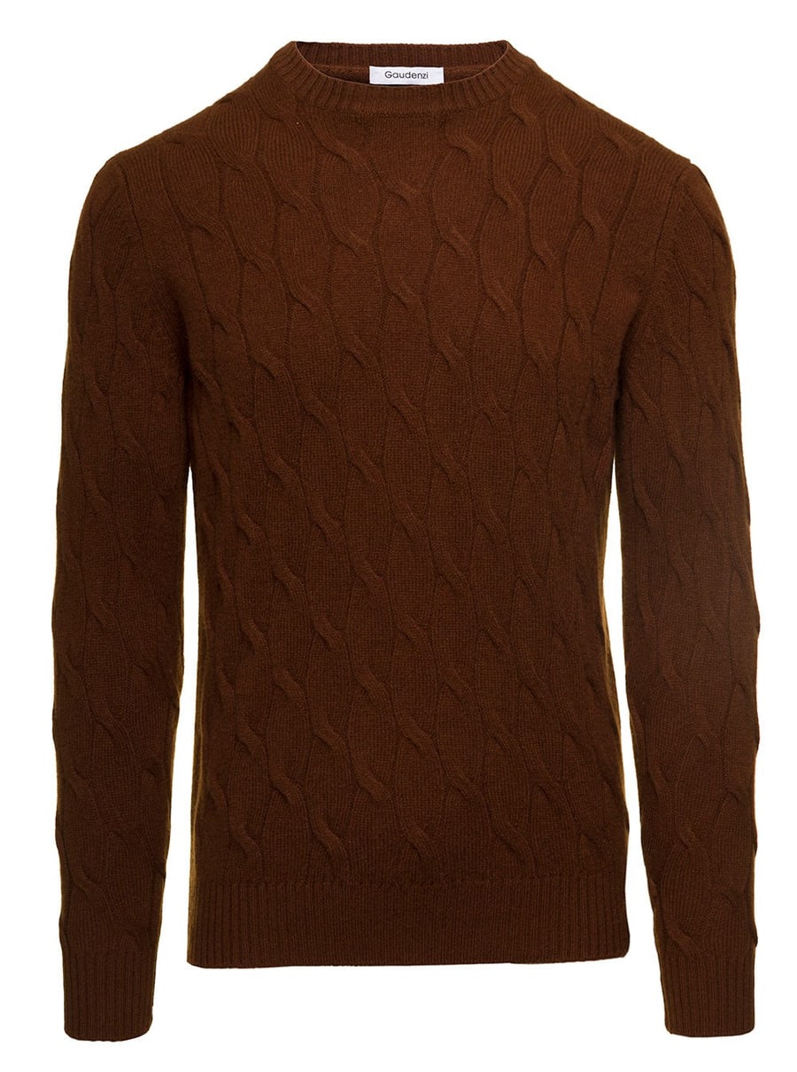 Gaudenzi Maglioncino con lavorazione a treccia in lana e cashmere marrone uomo