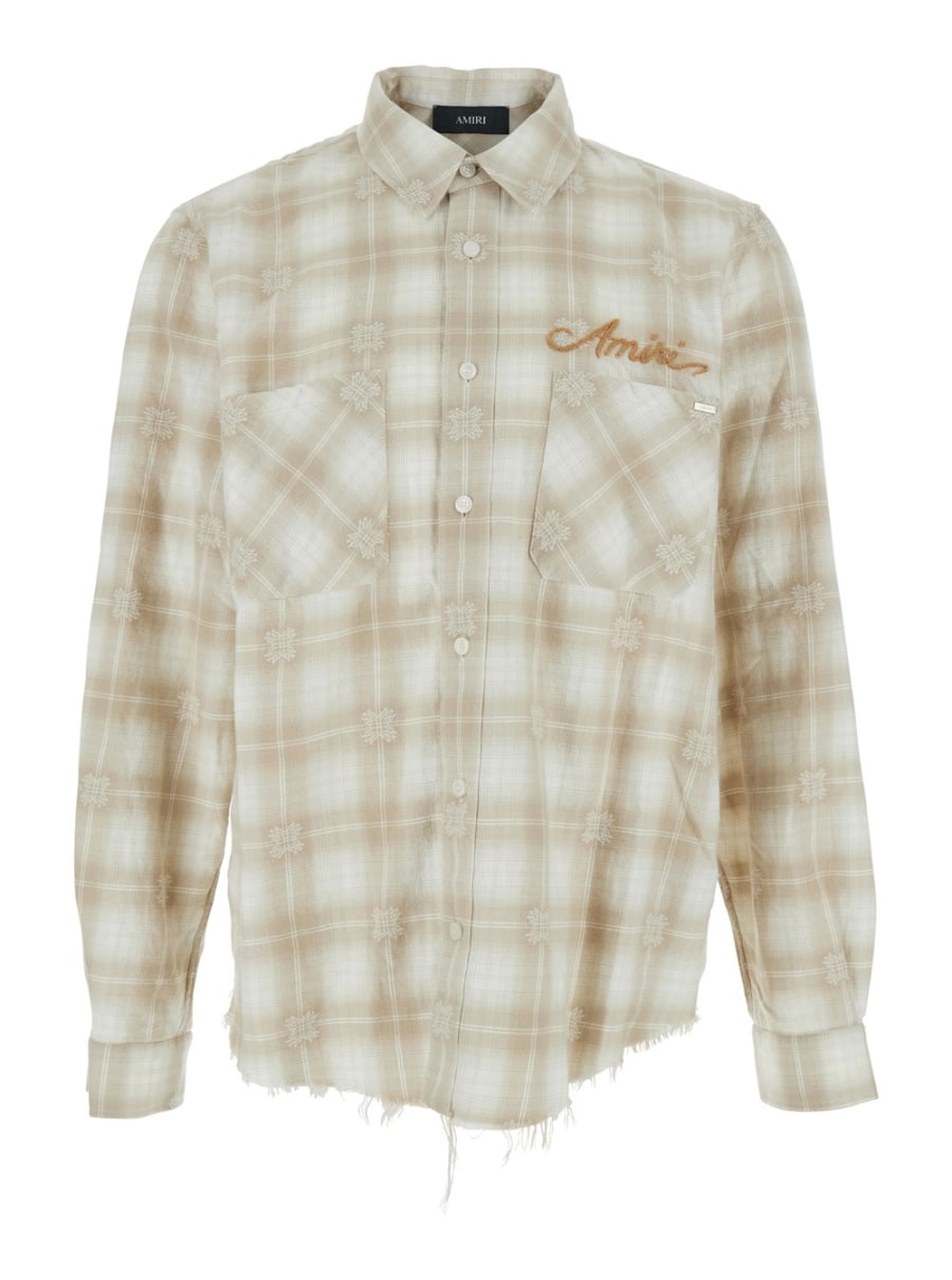Amiri Camicia con Motivo a Quadri e Logo Lettering sul Fronte e Retro in Flanella Beige Uomo