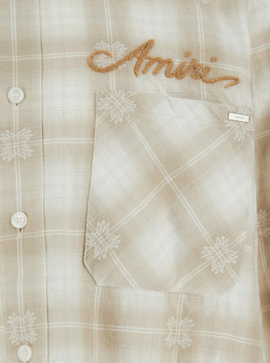 Amiri Camicia con Motivo a Quadri e Logo Lettering sul Fronte e Retro in Flanella Beige Uomo, view 3