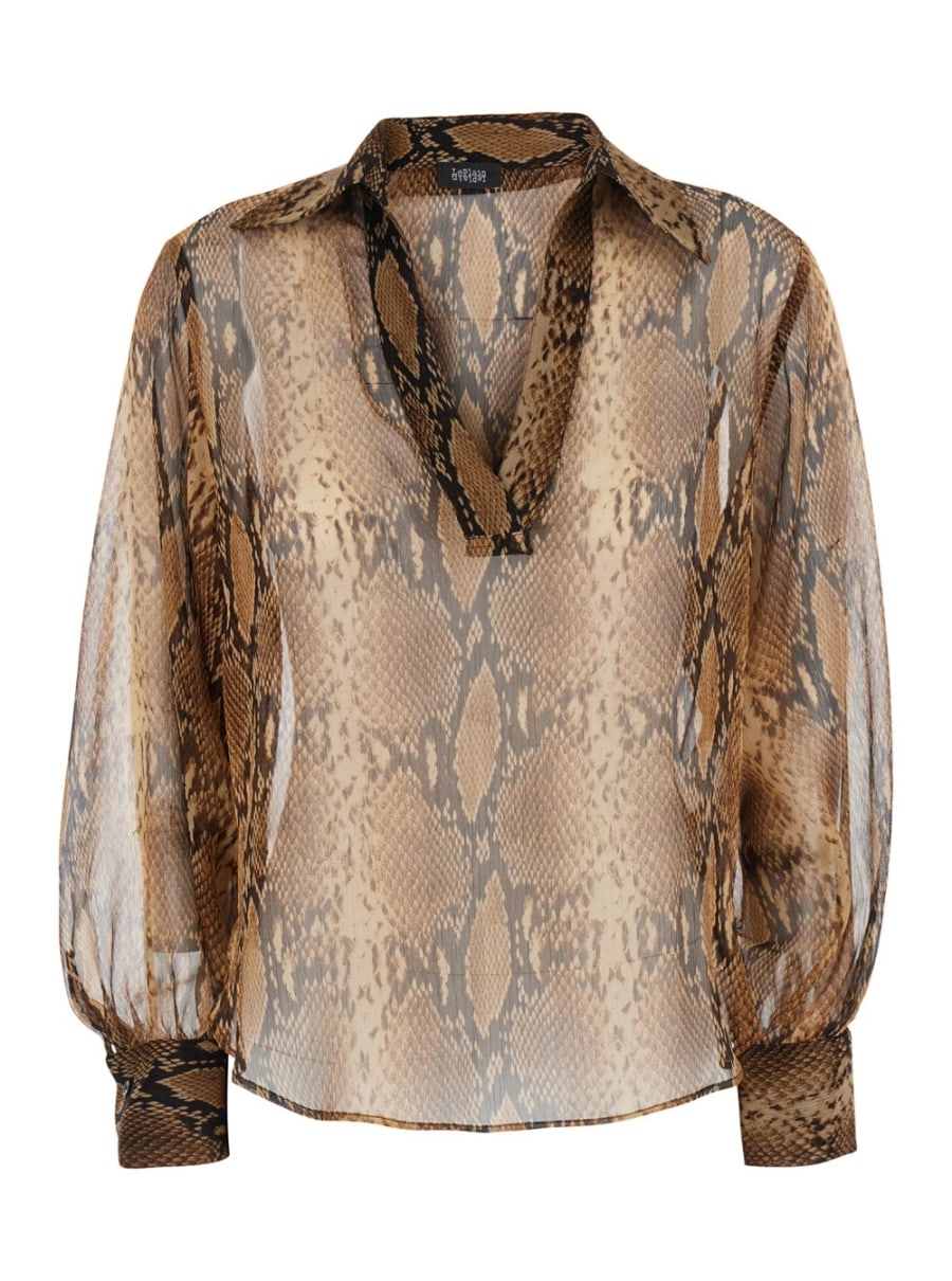 Leplain Blusa con colletto ampio con scollo a V e motivo animalier all-over in tessuto marrone donna