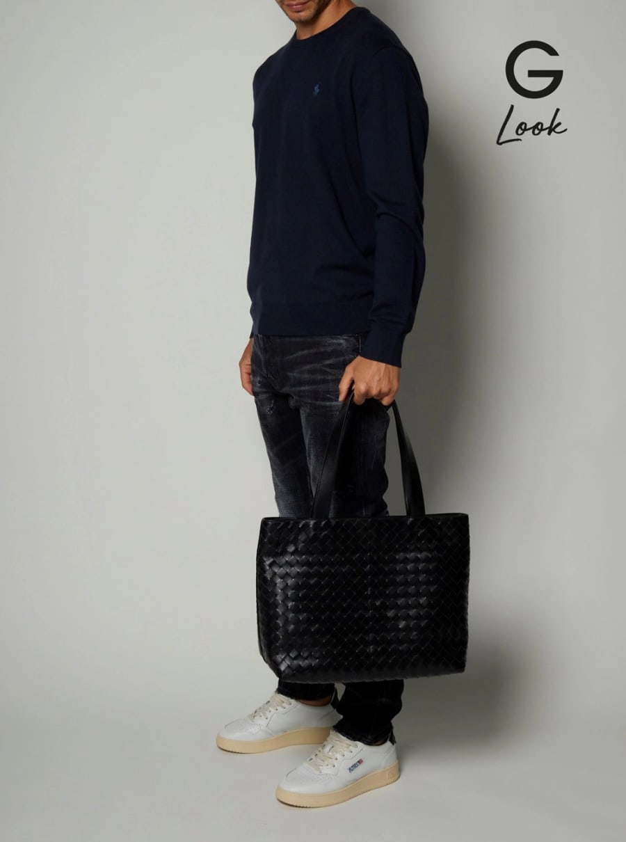 Bottega Veneta Borsa Shopping con due manici superiori e chiusura con zip in pelle Intrecciata nera uomo, view 5