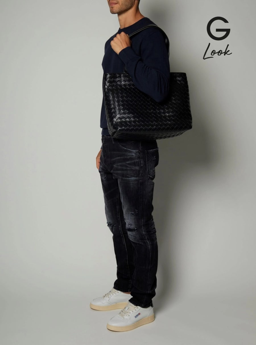 Bottega Veneta Borsa Shopping con due manici superiori e chiusura con zip in pelle Intrecciata nera uomo, view 6