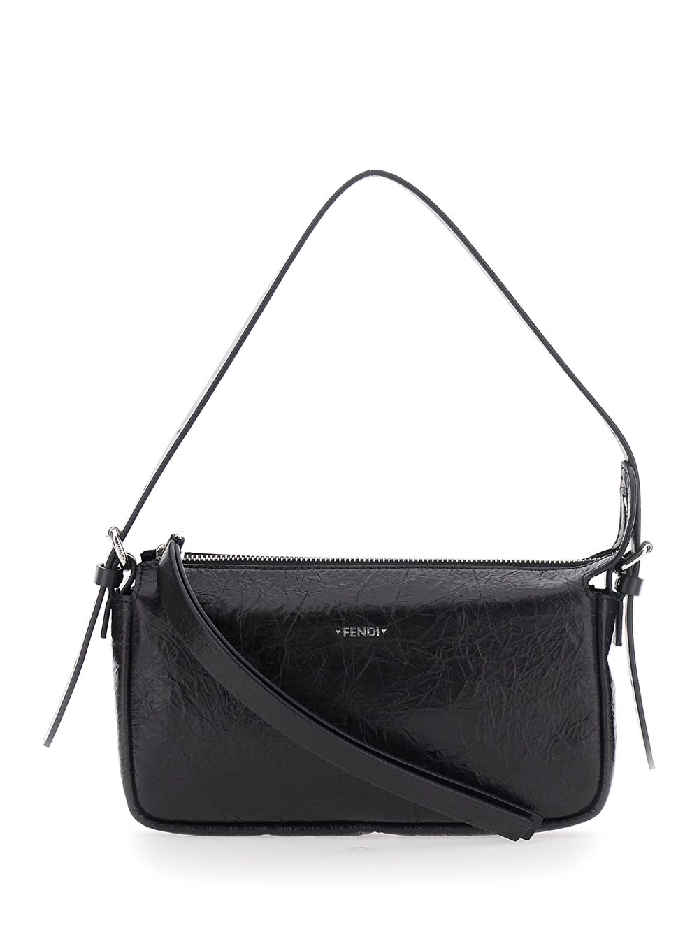 Fendi Borsa a Tracolla 'Zip Top' con tracolla regolabile e removibile e logo FF sul fronte in pelle nera donna