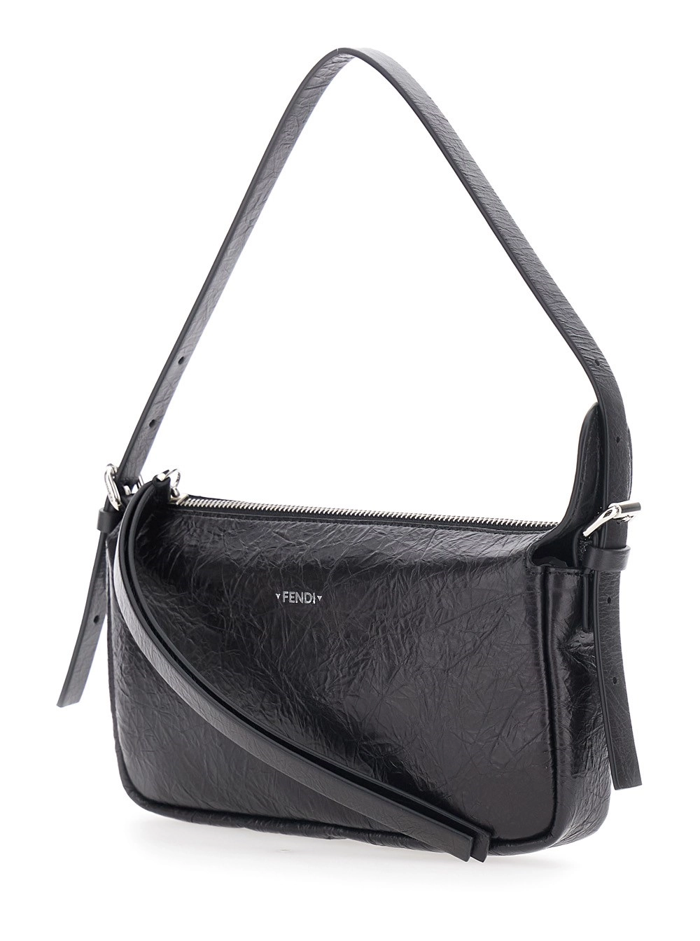 Fendi Borsa a Tracolla 'Zip Top' con tracolla regolabile e removibile e logo FF sul fronte in pelle nera donna, view 2