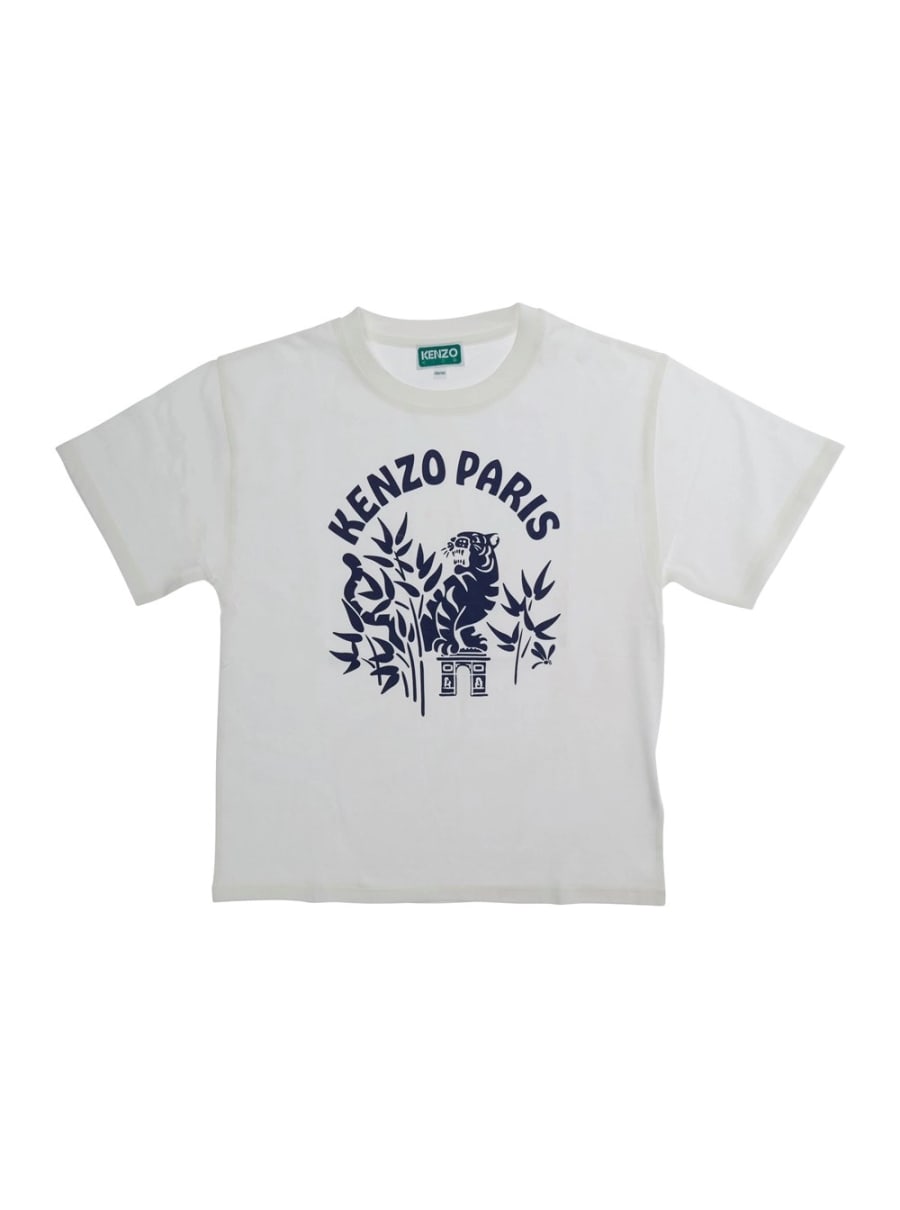 Kenzo kids T-Shirt Girocollo con Stampa Logo sul Fronte in Cotone Bianca Bambino