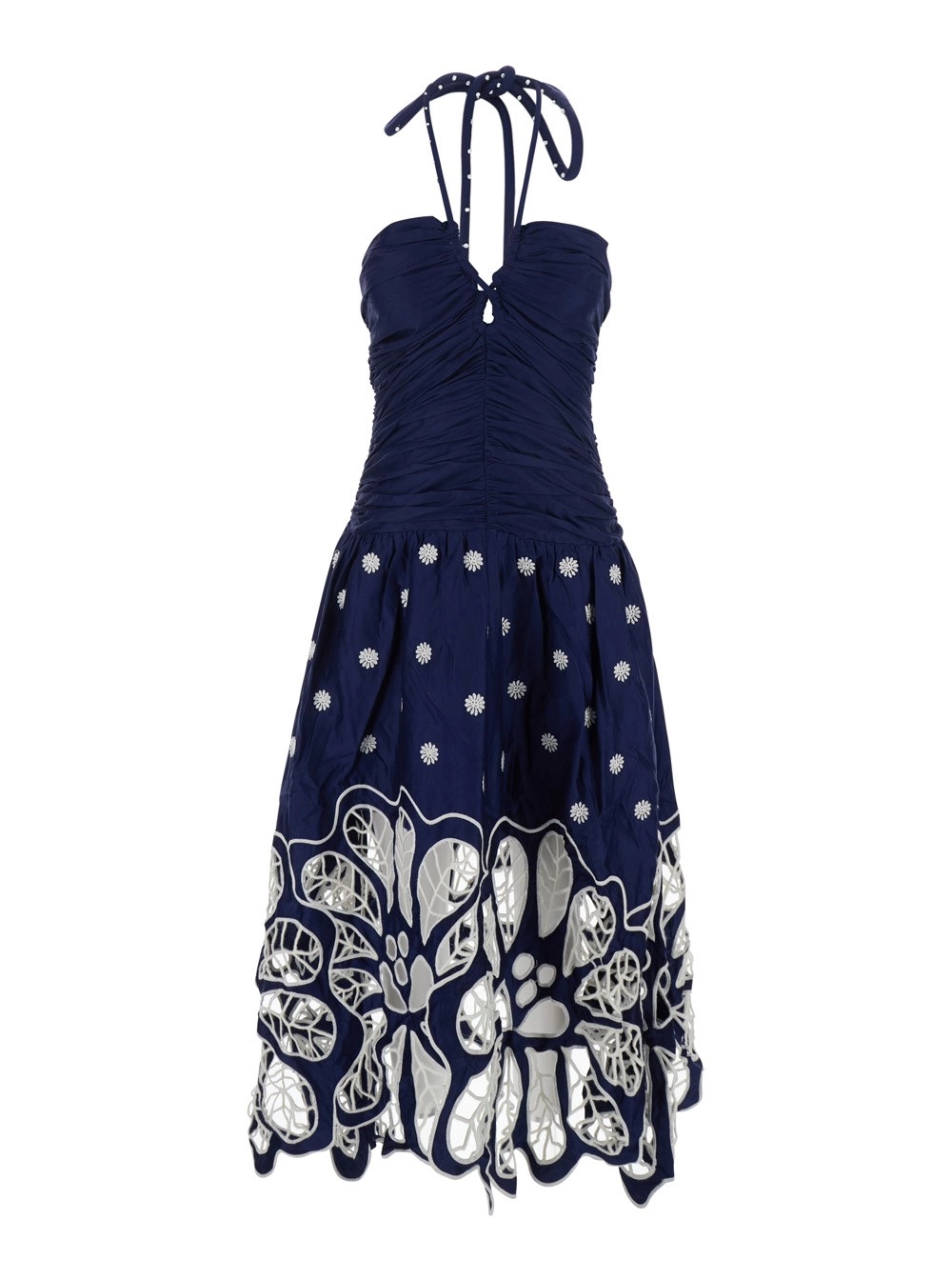Farm rio Abito Lungo Smanicato con Scollo all'Americana con Perle e Ricamo Richelieu in Cotone Blu Donna