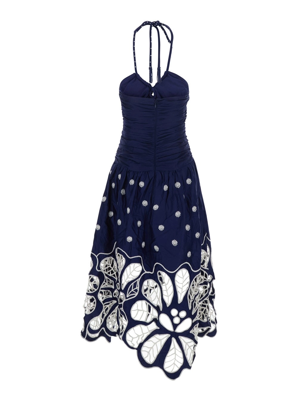 Farm rio Abito Lungo Smanicato con Scollo all'Americana con Perle e Ricamo Richelieu in Cotone Blu Donna, view 2