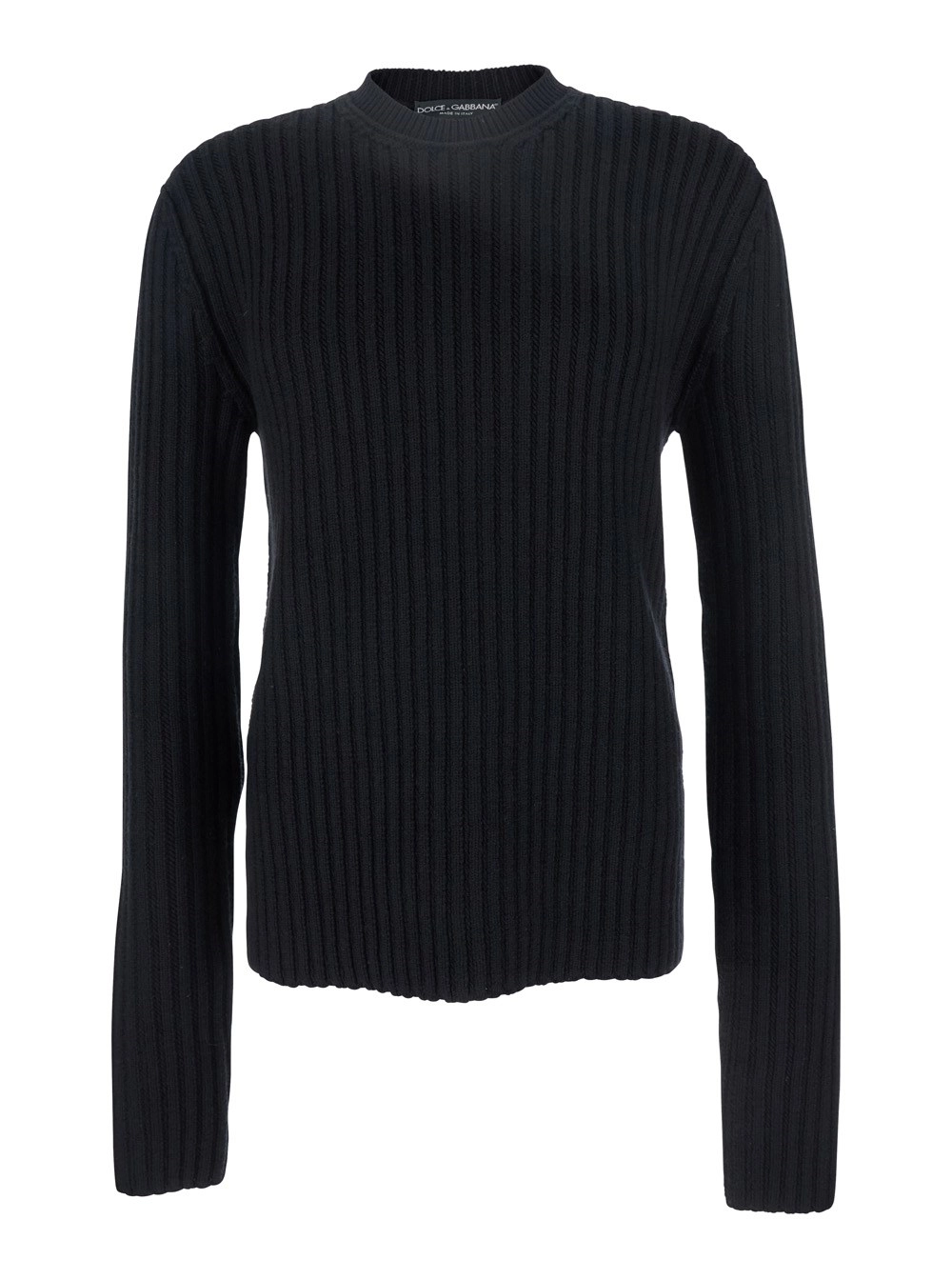 Dolce & Gabbana Maglione Girocollo con Patch Logo sul Retro e Lavorazione a Coste in Lana Nero Uomo