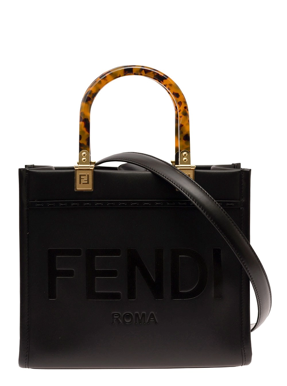 Fendi Borsa Tote 'Sunshine Small' con Logo Impresso e Manico Effetto Tartaruga in Pelle Nera Donna