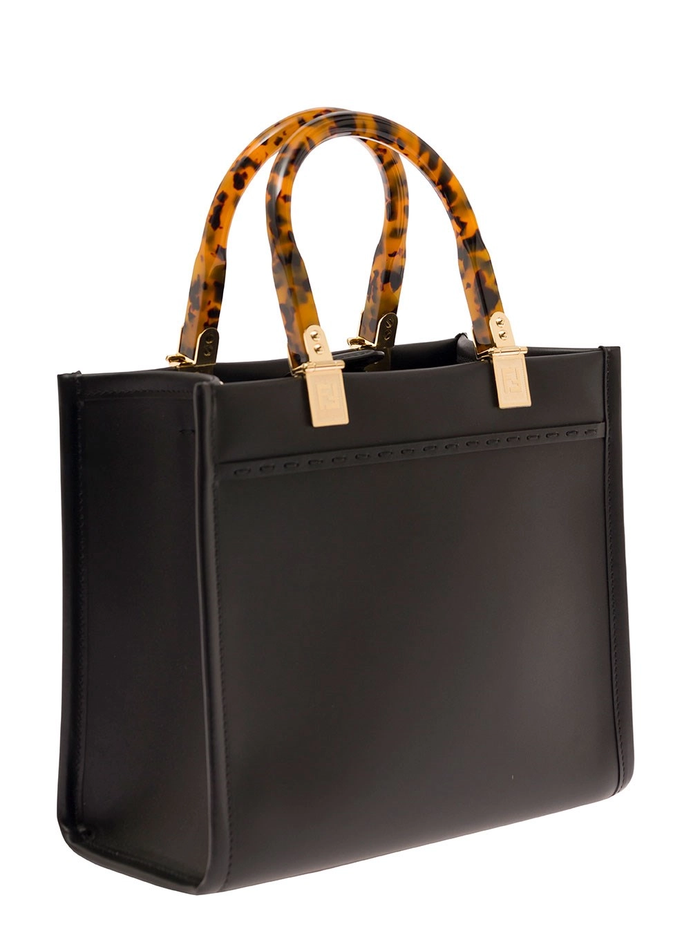Fendi Borsa Tote 'Sunshine Small' con Logo Impresso e Manico Effetto Tartaruga in Pelle Nera Donna, view 2