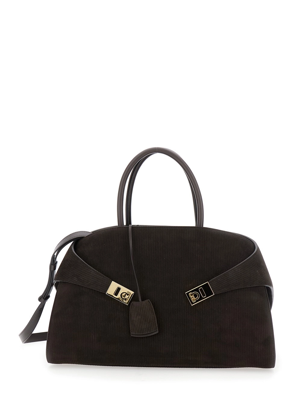 Ferragamo Borsa a Mano 'Hug Bicolor' con Logo e Fibbie Gancini in Pelle Marrone Donna