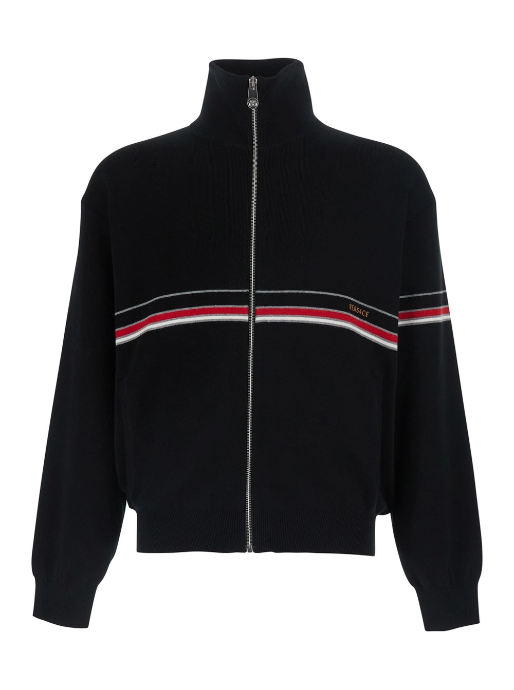Versace Maglia con collo alto e logo lettering sul fronte in cotone nera uomo