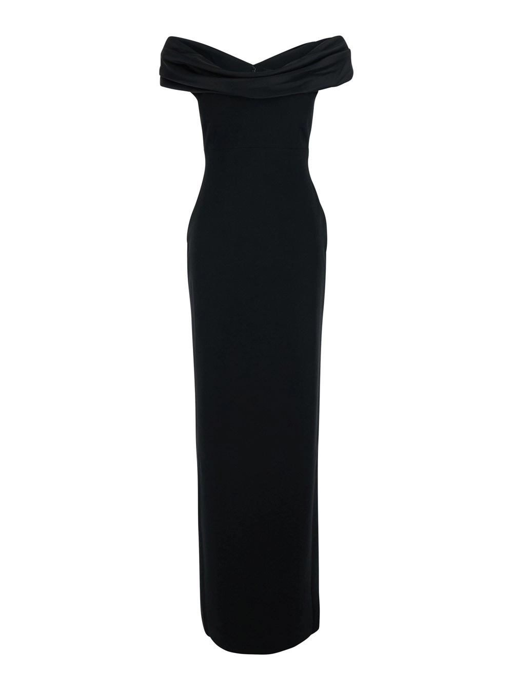 Solace london Abito Lungo 'Adele' con Spalle Scoperte e Scollo con Drappeggio in Tessuto Tecnico Nero Donna