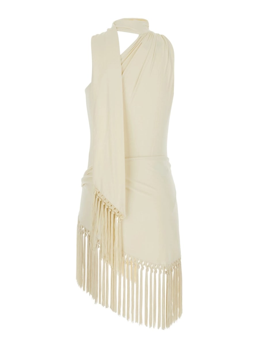 Taller marmo Costume con design con bordi sfrangiati in tessuto bianco per donna, view 2