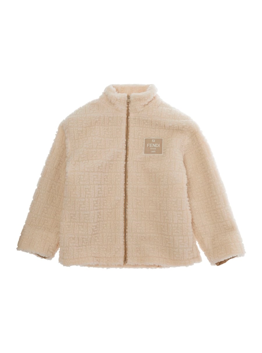 Fendi kids Felpa teddy con patch logo e motivo FF all-over in misto lana Beige per bambino