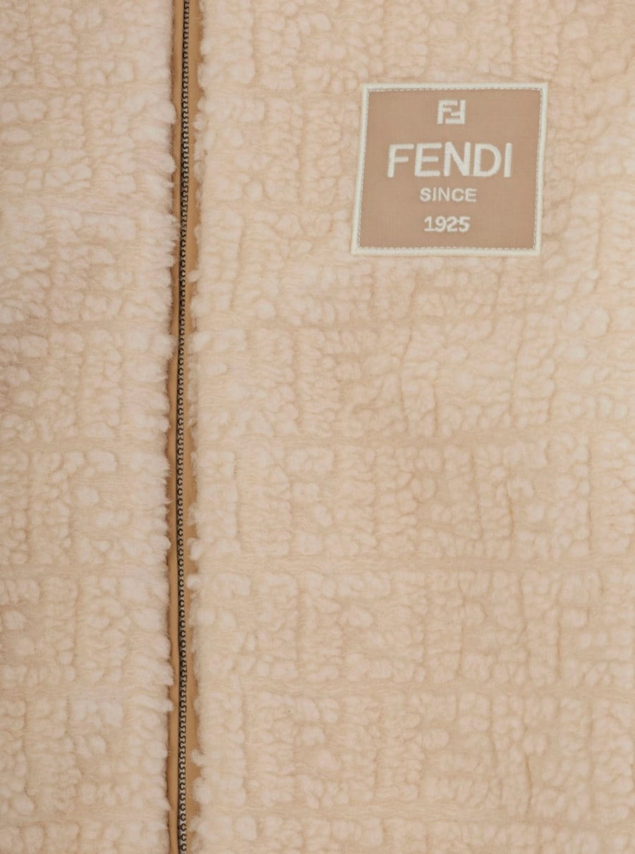 Fendi kids Felpa teddy con patch logo e motivo FF all-over in misto lana Beige per bambino, view 3