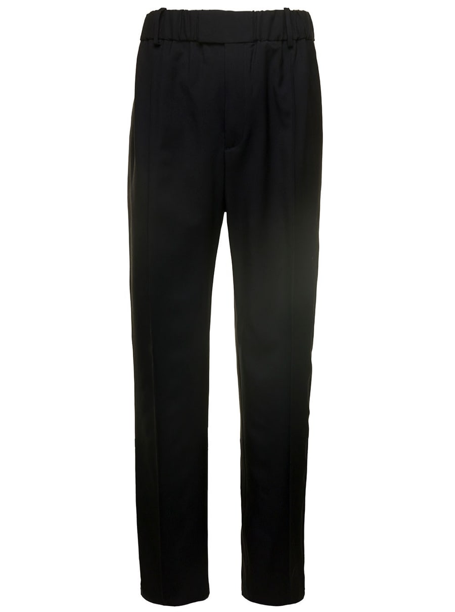 Bottega Veneta Pantalone a Gamba Dritta con Coulisse in Vita in Twill di Lana Nero Donna