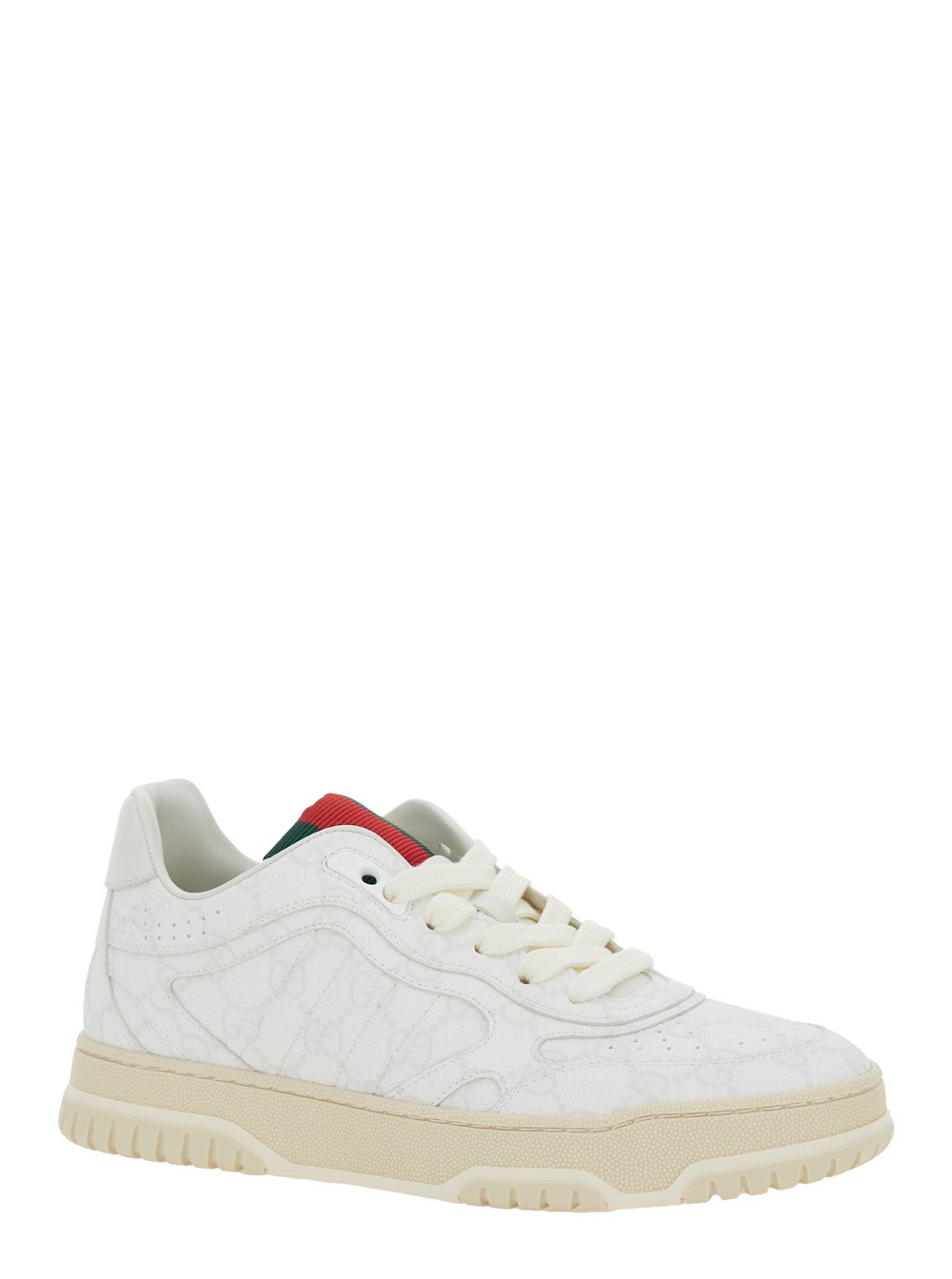Gucci Sneaker Low Top 'Re-Web' con Motivo GG All-Over in Pelle Bianca Donna, view 2