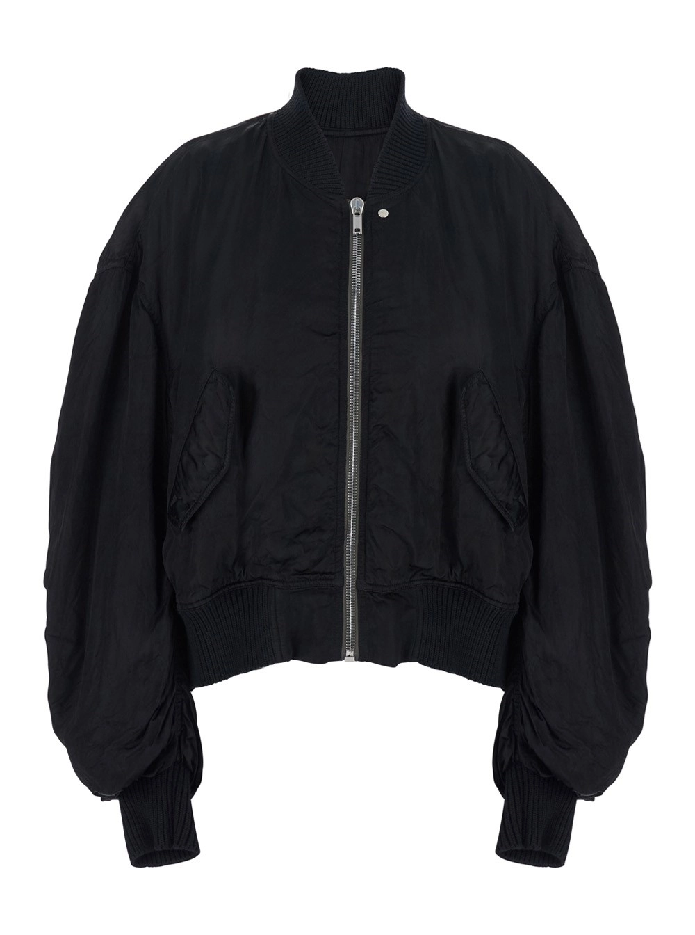 Rick Owens Giubbotto Bomber 'Secchia Flight' con Maniche Arricciate in Cupro Nero Donna