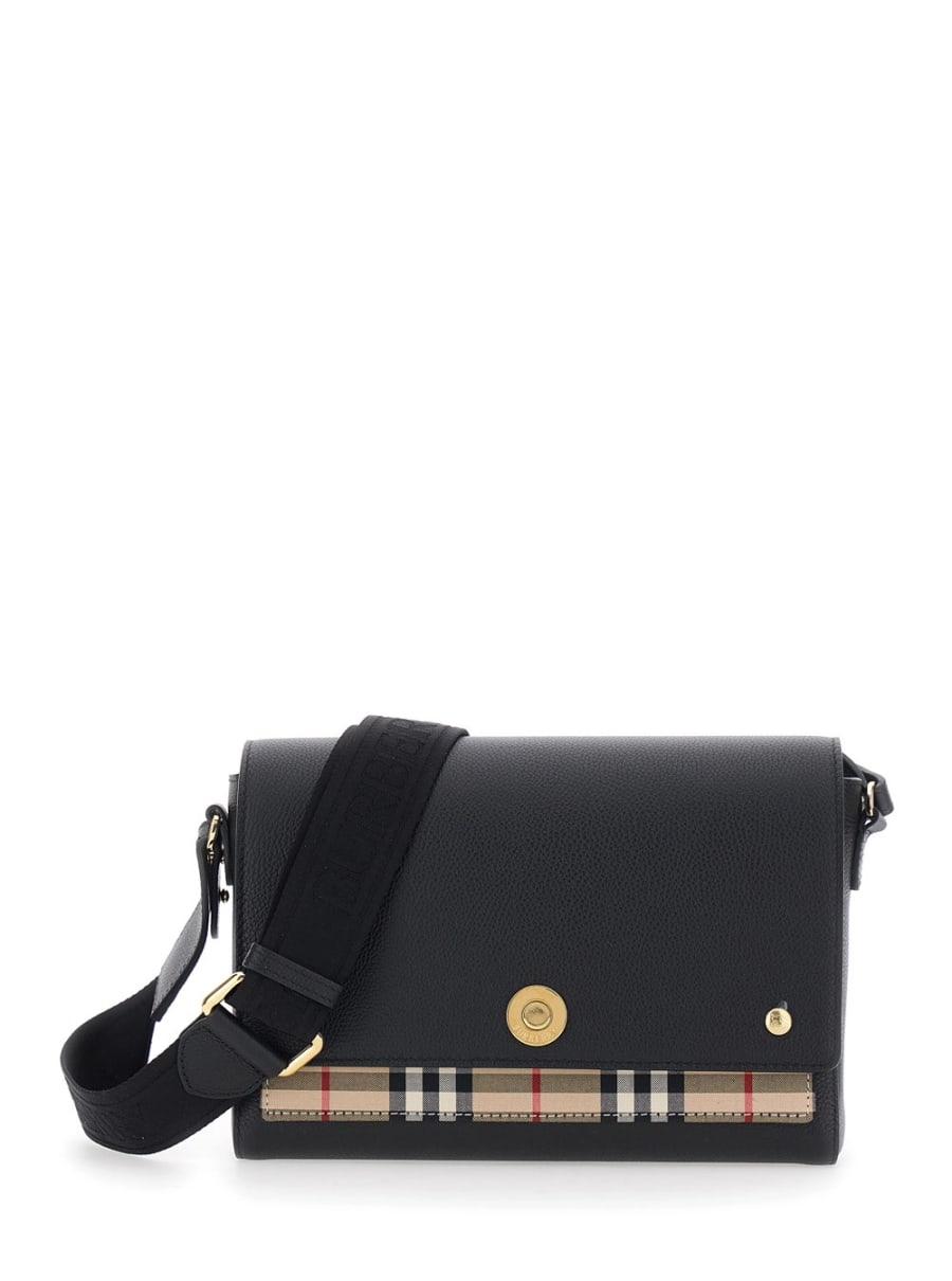 Burberry Borsa a tracolla 'Note' con Tracolla Regolabile con Logo Lettering e Dettaglio Check sul Fronte in Pelle Nera Donna