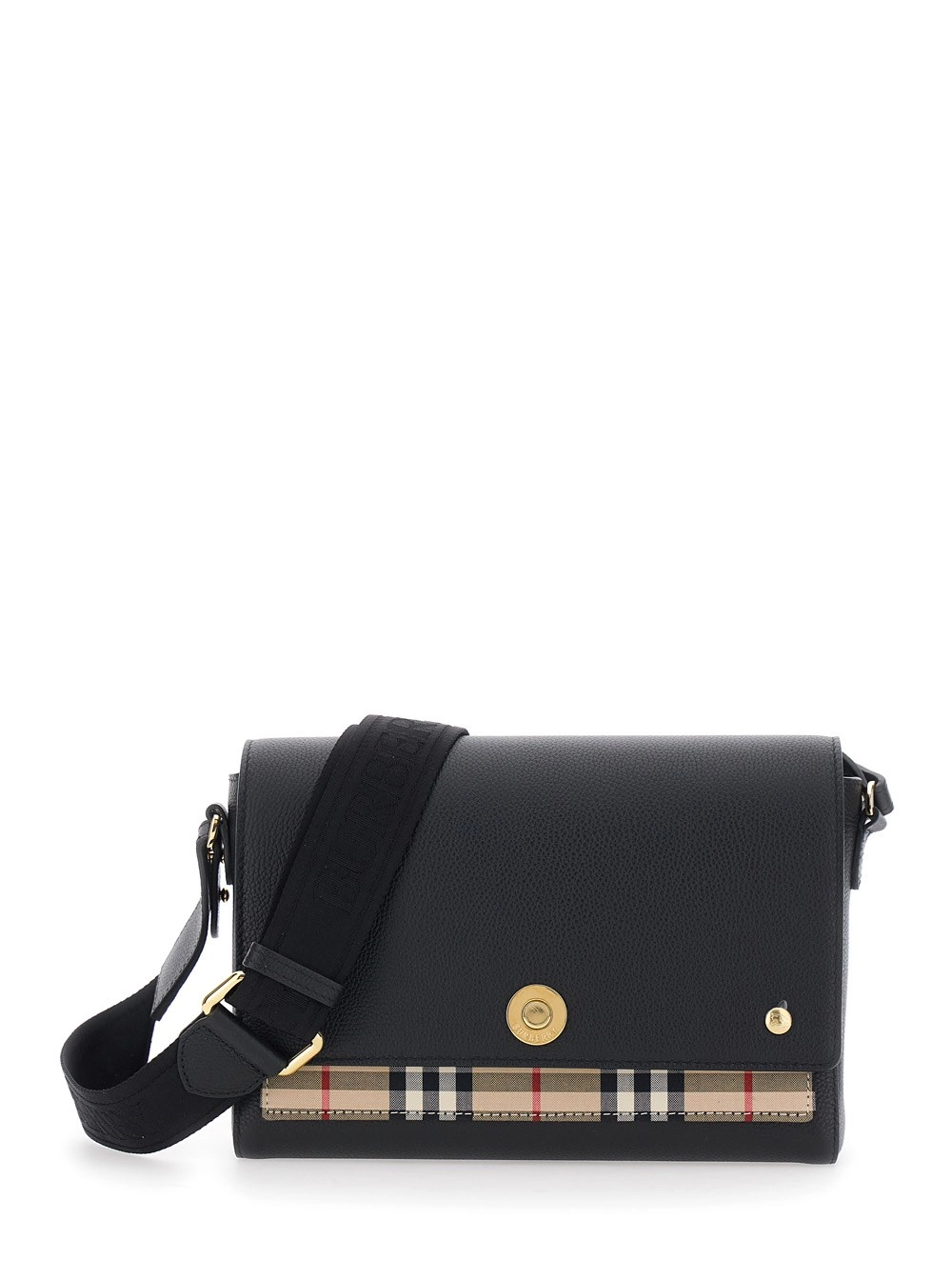 Burberry Borsa a tracolla 'Note' con Tracolla Regolabile con Logo Lettering e Dettaglio Check sul Fronte in Pelle Nera Donna