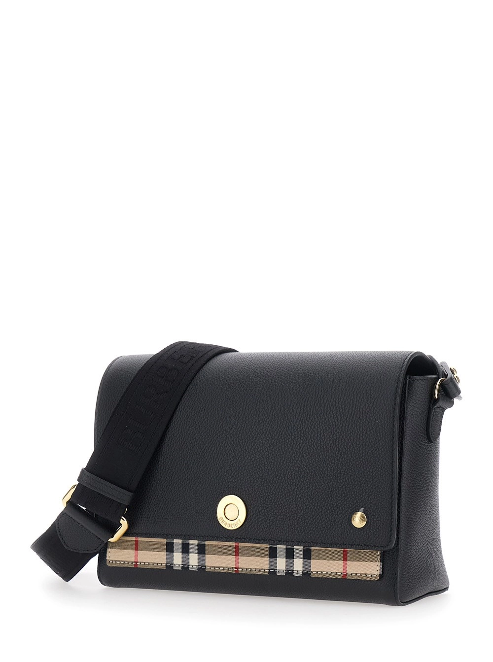 Burberry Borsa a tracolla 'Note' con Tracolla Regolabile con Logo Lettering e Dettaglio Check sul Fronte in Pelle Nera Donna, view 2
