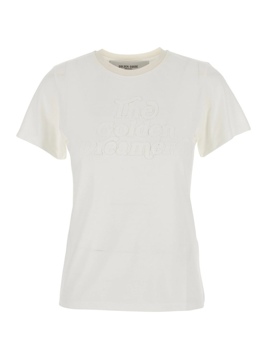 Golden Goose T-Shirt Girocollo con Ricamo sul Fronte in Tessuto Bianca Donna