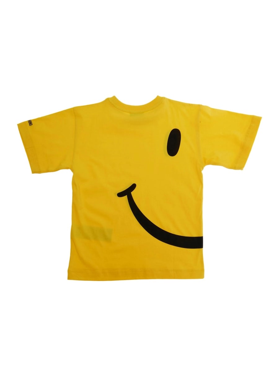 Moschino kids T-Shirt 'Smile' Gialla con Maxi Stampa sul Fronte e Retro e Logo Lettering sulla Manica in Cotone Bambina, view 2