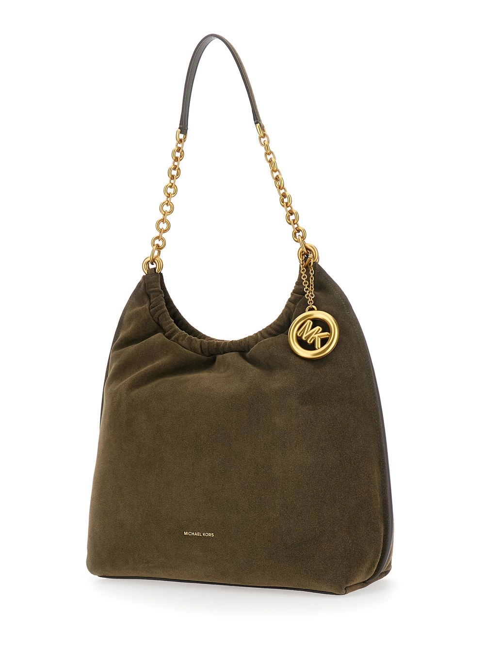 Michael michael kors Borsa a Spalla 'Indie' con Tracolla a Catena e Pendente Logo sul Fronte in Pelle Scamosciata Verde Donna, view 2