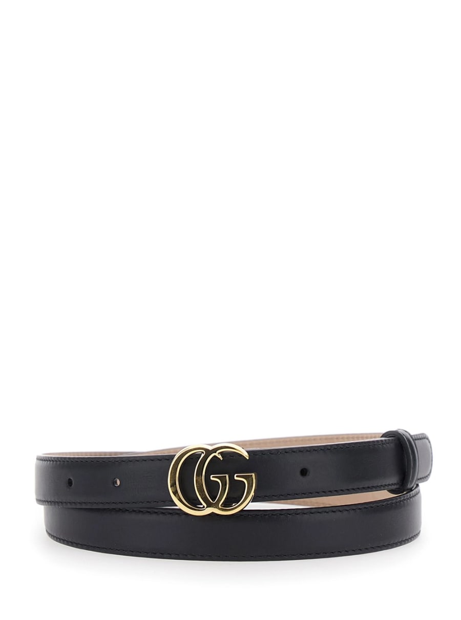 Gucci Cintura con fibbia GG sul fronte in pelle nera donna