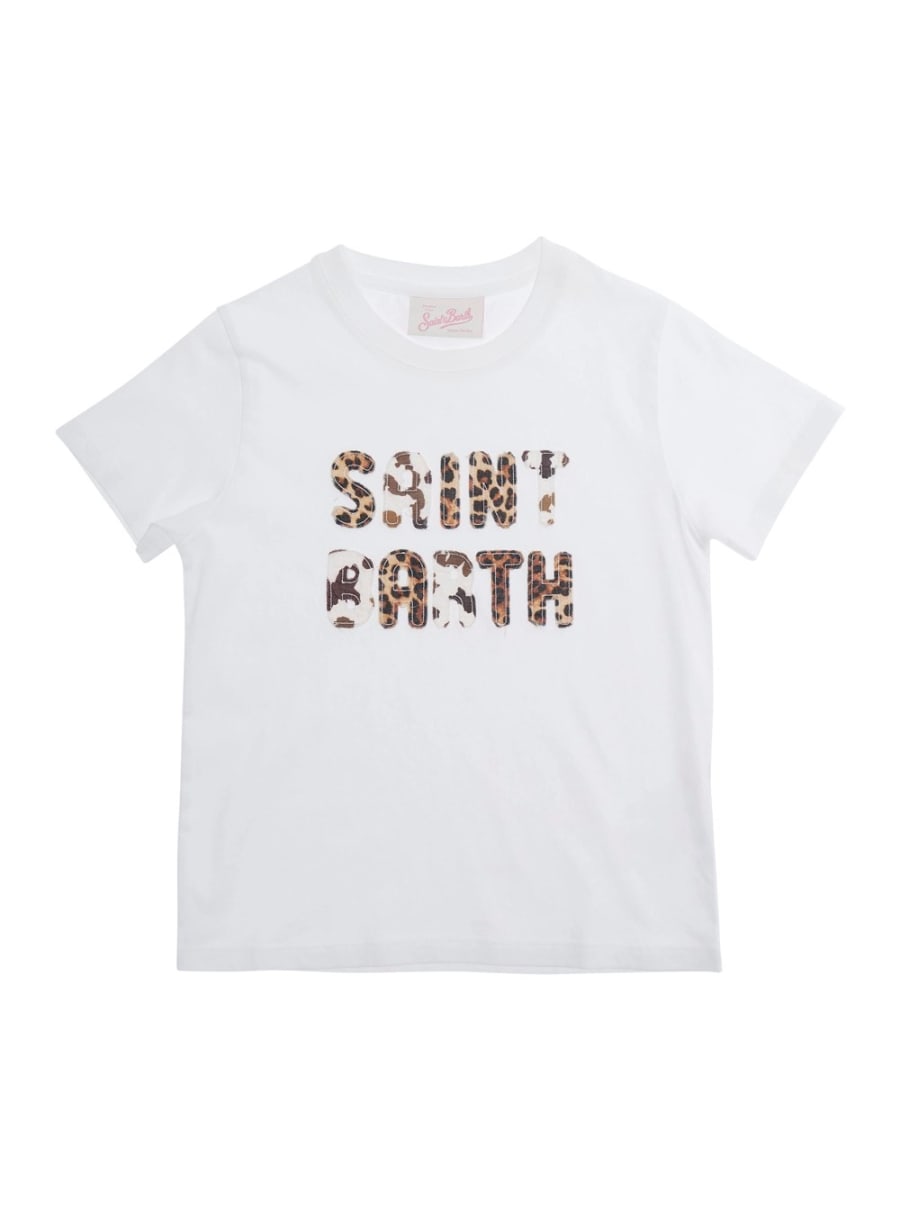 Mc2 saint barth kids T-Shirt 'Elly' con Logo con Motivo Animalier sul Fronte in Cotone Bianca bambina