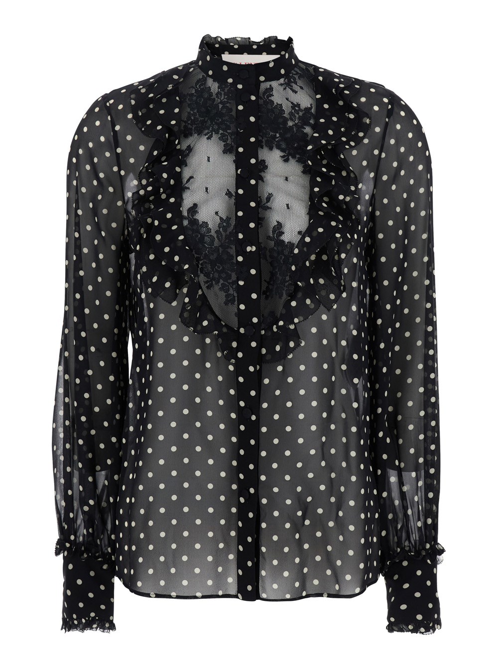 Valentino Camicia Girocollo con Ricamo Floreale e Motivo a Pois All-Over in Seta Nera Donna