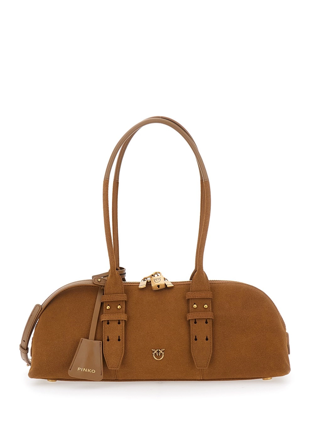 Pinko Borsa a mano 'Bowling Horizontal' con tracolla regolabile e removibile e placca Love Birds sul fronte in pelle scamosciata marrone donna
