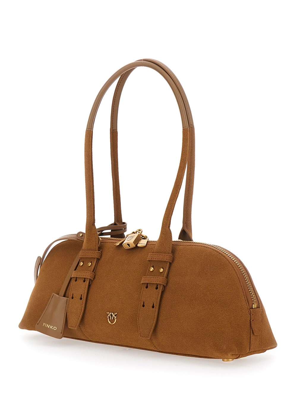 Pinko Borsa a mano 'Bowling Horizontal' con tracolla regolabile e removibile e placca Love Birds sul fronte in pelle scamosciata marrone donna, view 2