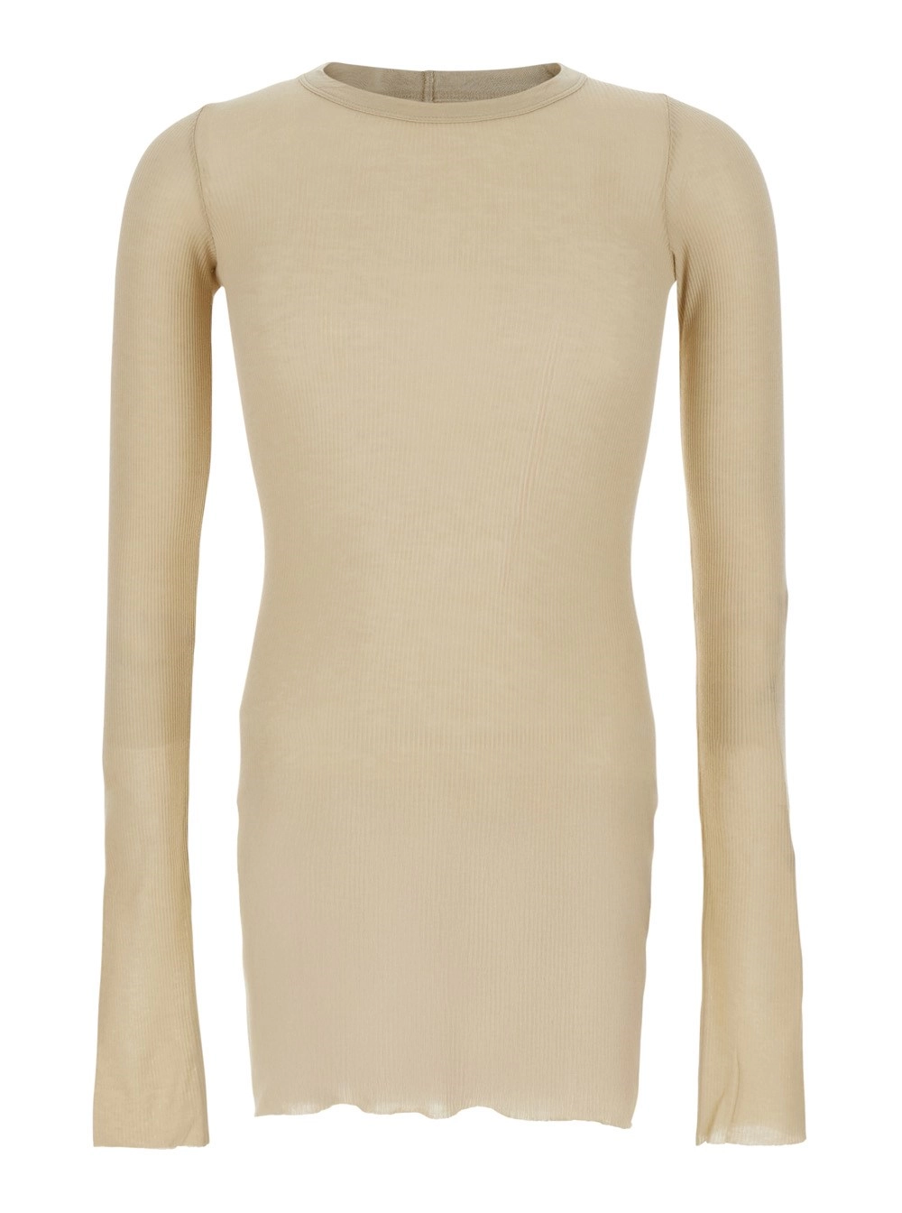 Rick Owens T-Shirt Beige con Scollo Rotondo e Design a Coste in Misto Viscosa e Seta Uomo