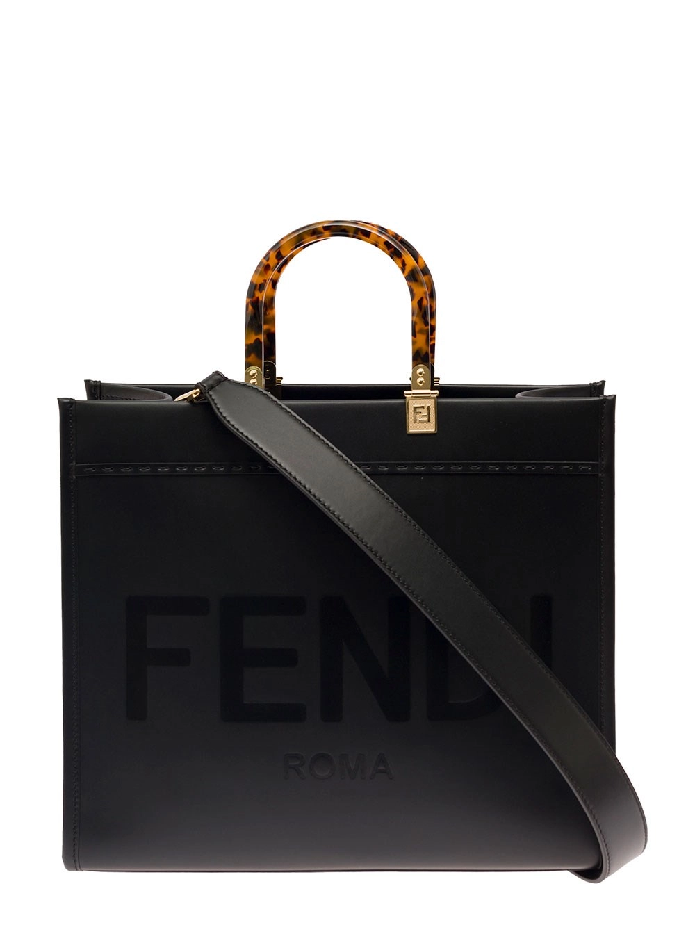 Fendi Borsa a Mano 'Sunshine' con Logo Impresso e Manico Effetto Tartaruga in Pelle Nera Donna