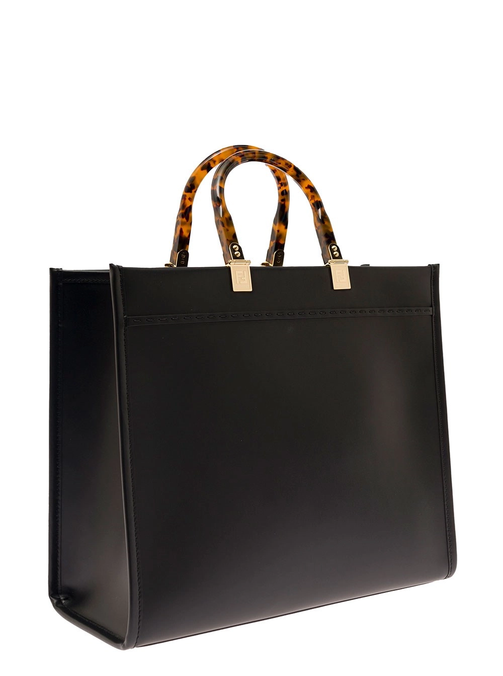 Fendi Borsa a Mano 'Sunshine' con Logo Impresso e Manico Effetto Tartaruga in Pelle Nera Donna, view 2