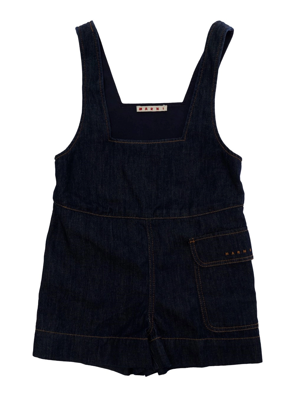 Marni kids Salopette con bretelle fisse e tasca applicata con logo lettering sul fronte in denim blu bambino