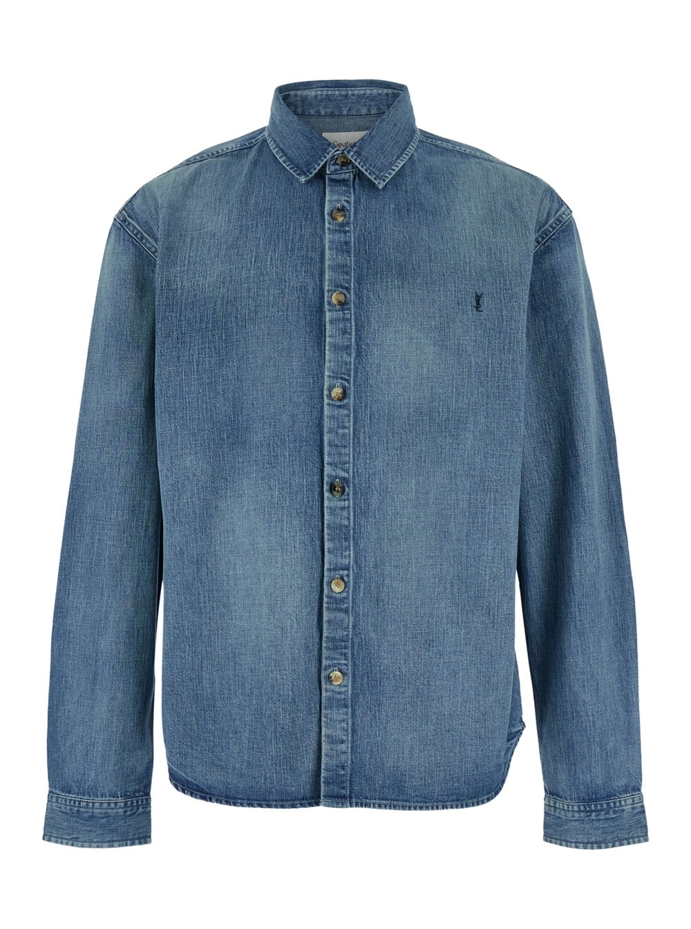 Saint Laurent Camicia con Colletto Classico e Ricamo Cassandre sul Fronte in Denim Azzurra Uomo