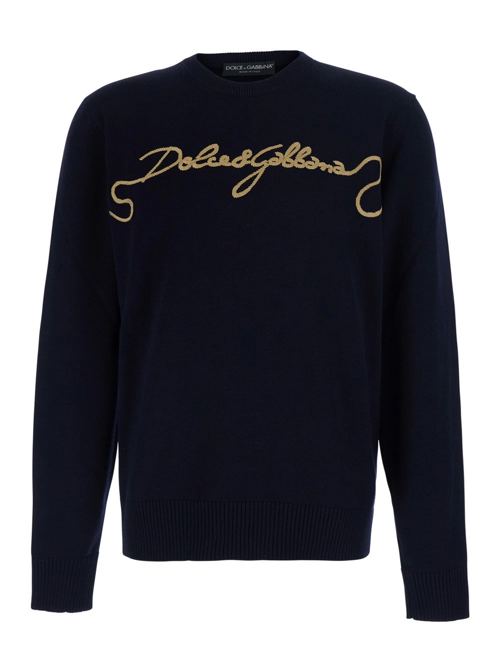 Dolce & Gabbana Maglia girocollo con logo lettering sul fronte in cotone blu uomo