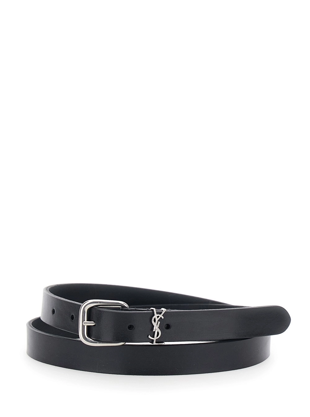 Saint Laurent Cintura con Placca Cassandre sul Fronte e Chiusura con Fibbia Regolabile in Pelle Nera Uomo