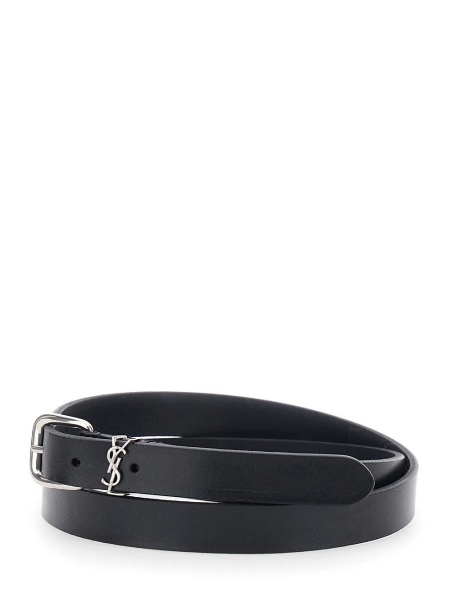 Saint Laurent Cintura con Placca Cassandre sul Fronte e Chiusura con Fibbia Regolabile in Pelle Nera Uomo, view 2