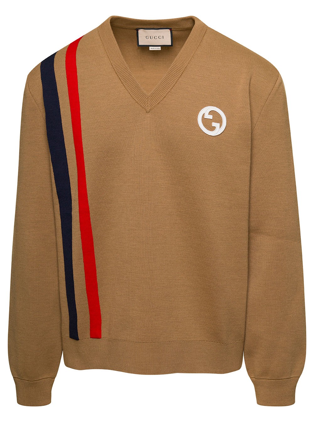 Gucci Maglione con Incrocio GG e Scollo a V in Lana Beige Uomo